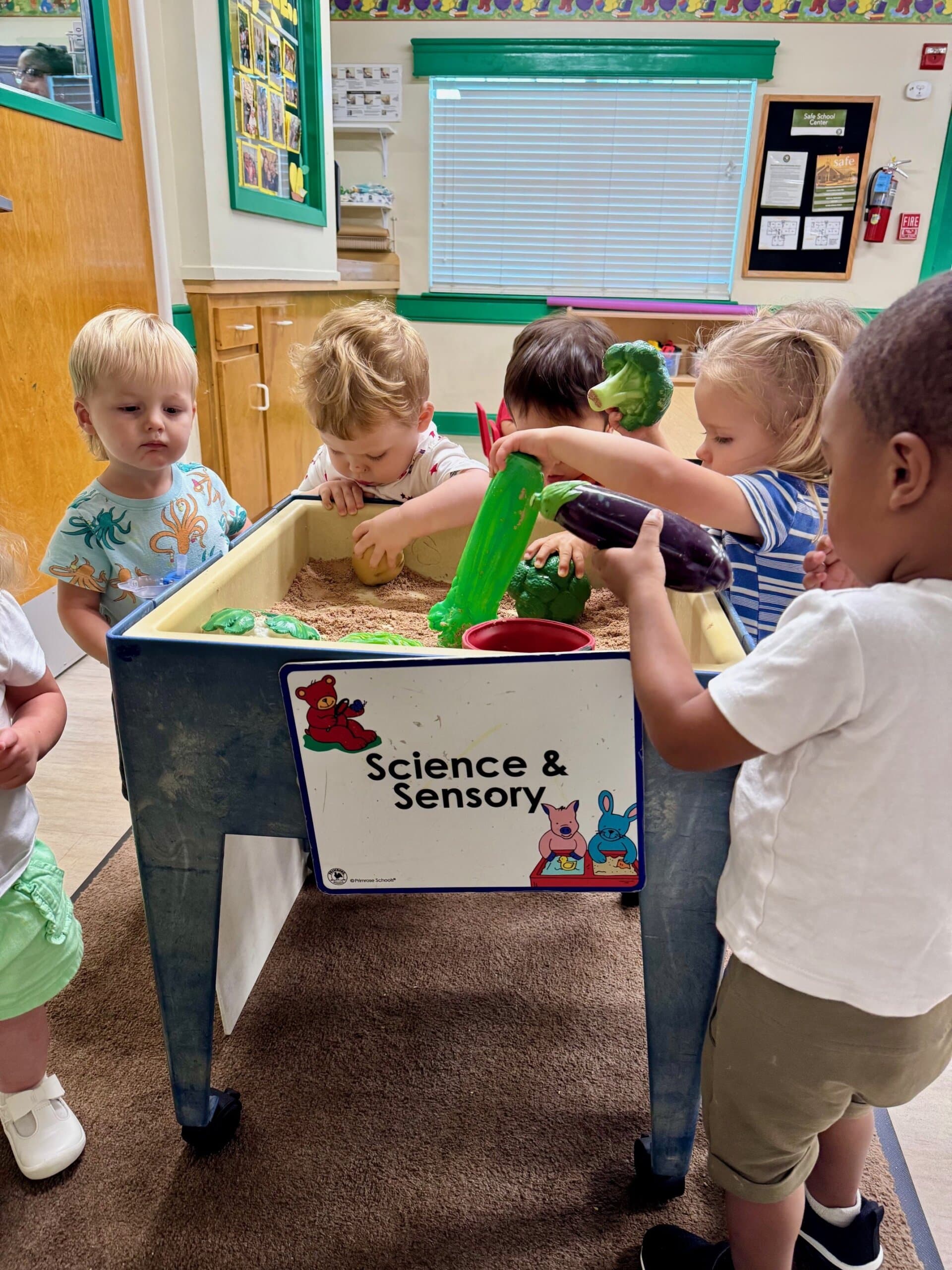 Toddlers playing in a sensory bin filled with sand and colorful food toys, exploring textures and developing fine motor skills through hands-on play