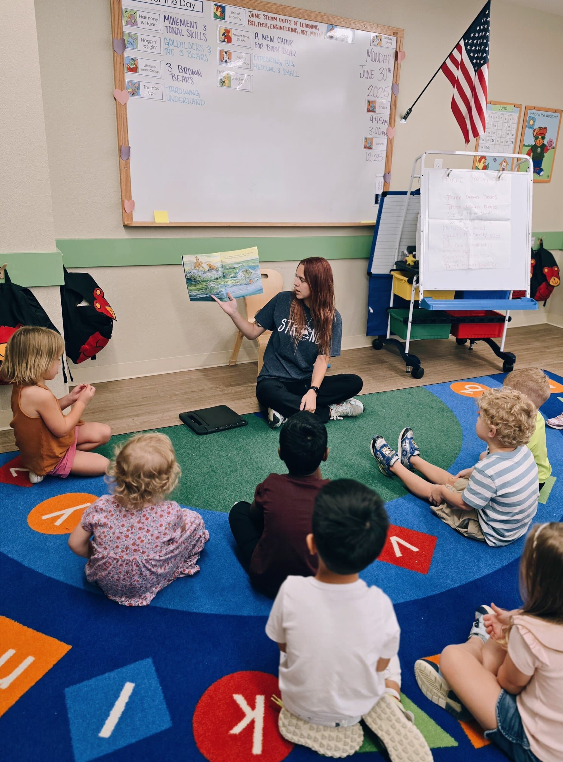 Preschool teacher reading a storybook to a group of young children during circle time at a daycare classroom in Keller, Texas, promoting early literacy and classroom engagement.