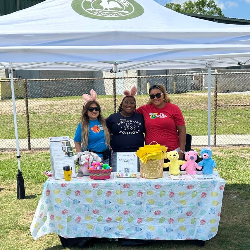 Families enjoying the Bunny Hop Eggstravaganza Easter event at Primrose School, featuring Easter egg hunts, preschool family activities, community events, daycare fun, and early childhood education celebrations.