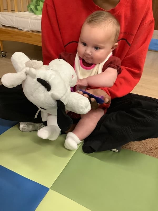 Teacher using the puppet Molly the Cow to work with an infant in their lap