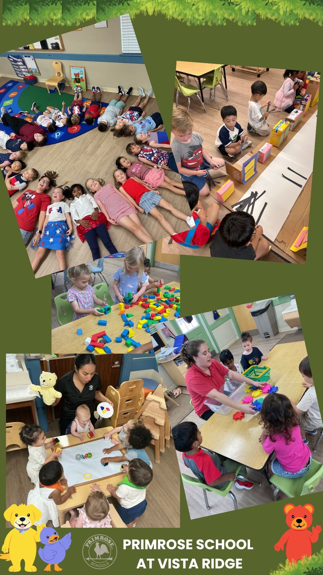 Students participating in circle time, STEM activities, sensory play, and collaborative classroom learning at Primrose School at Vista Ridge.