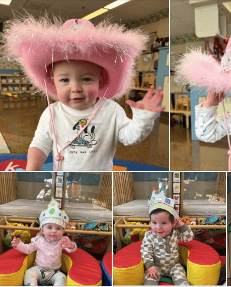 children wearing silly hats and crowns 