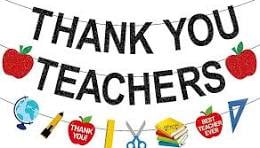 Banner with the words Thank You Teachers and various school items