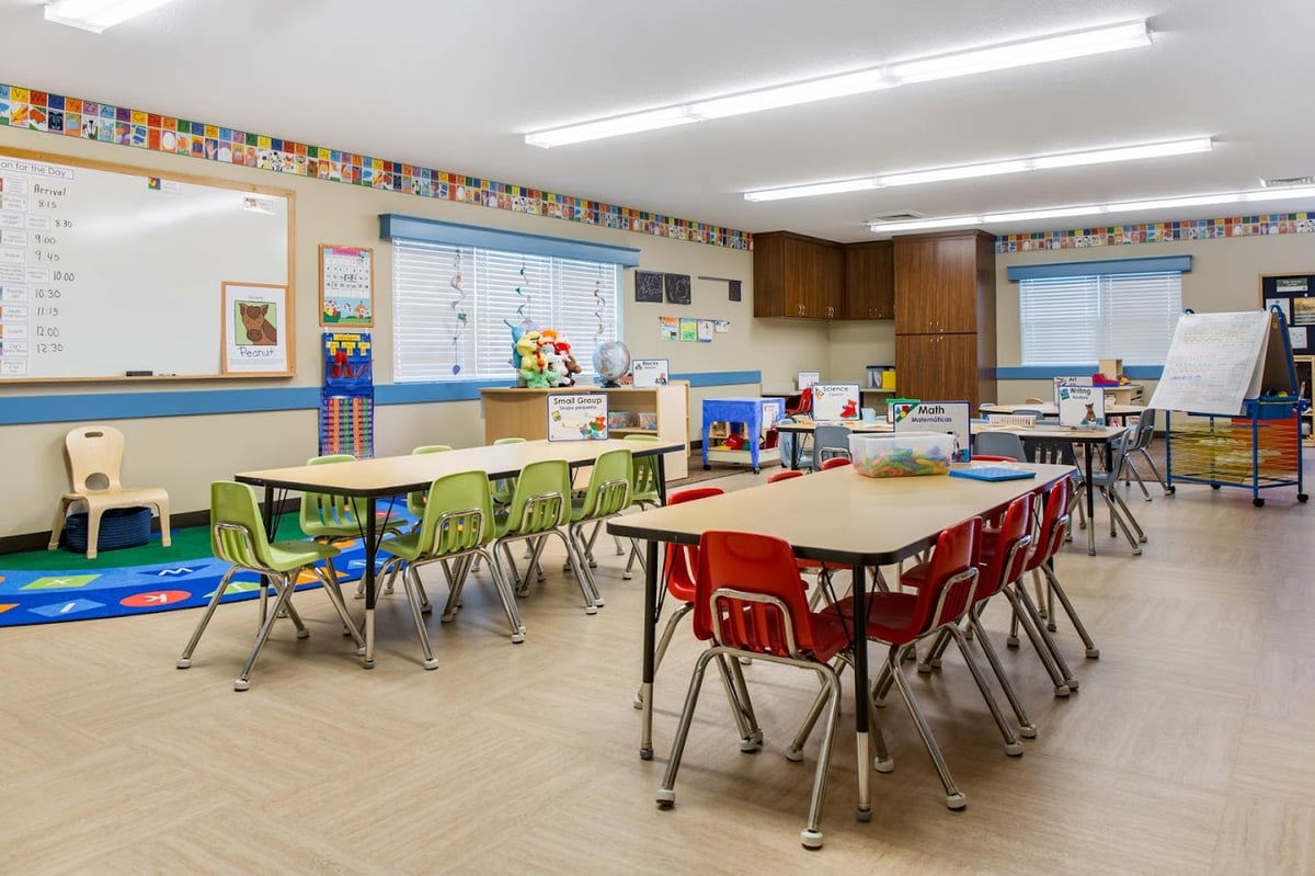 classroom with tables and chairs