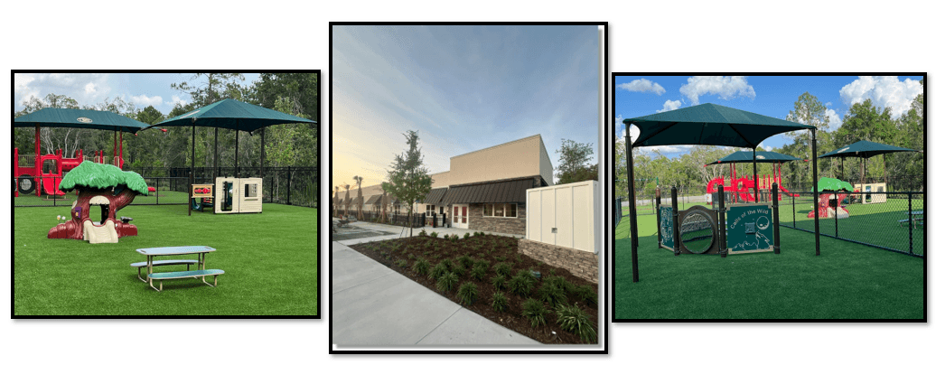 playgrounds with green shades and red structures outside of building