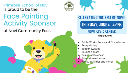 Official event flyer for Novi Community Fest 2026 featuring the Primrose School of Novi as a community sponsor