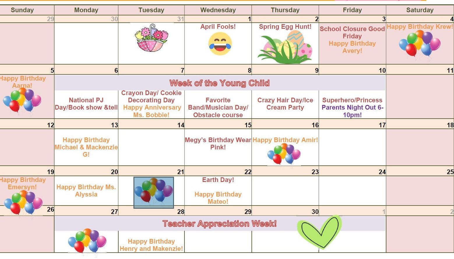 April Calendar of Events