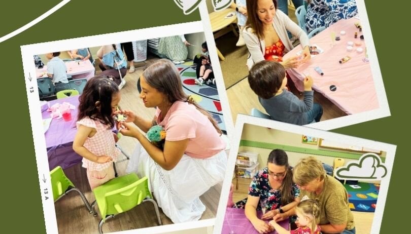 Mothers and students at Primrose School at Vista Ridge participating in spa-themed Mother’s Day activities including crafts, songs, hand massages, and sugar scrub making in Cedar Park, Texa