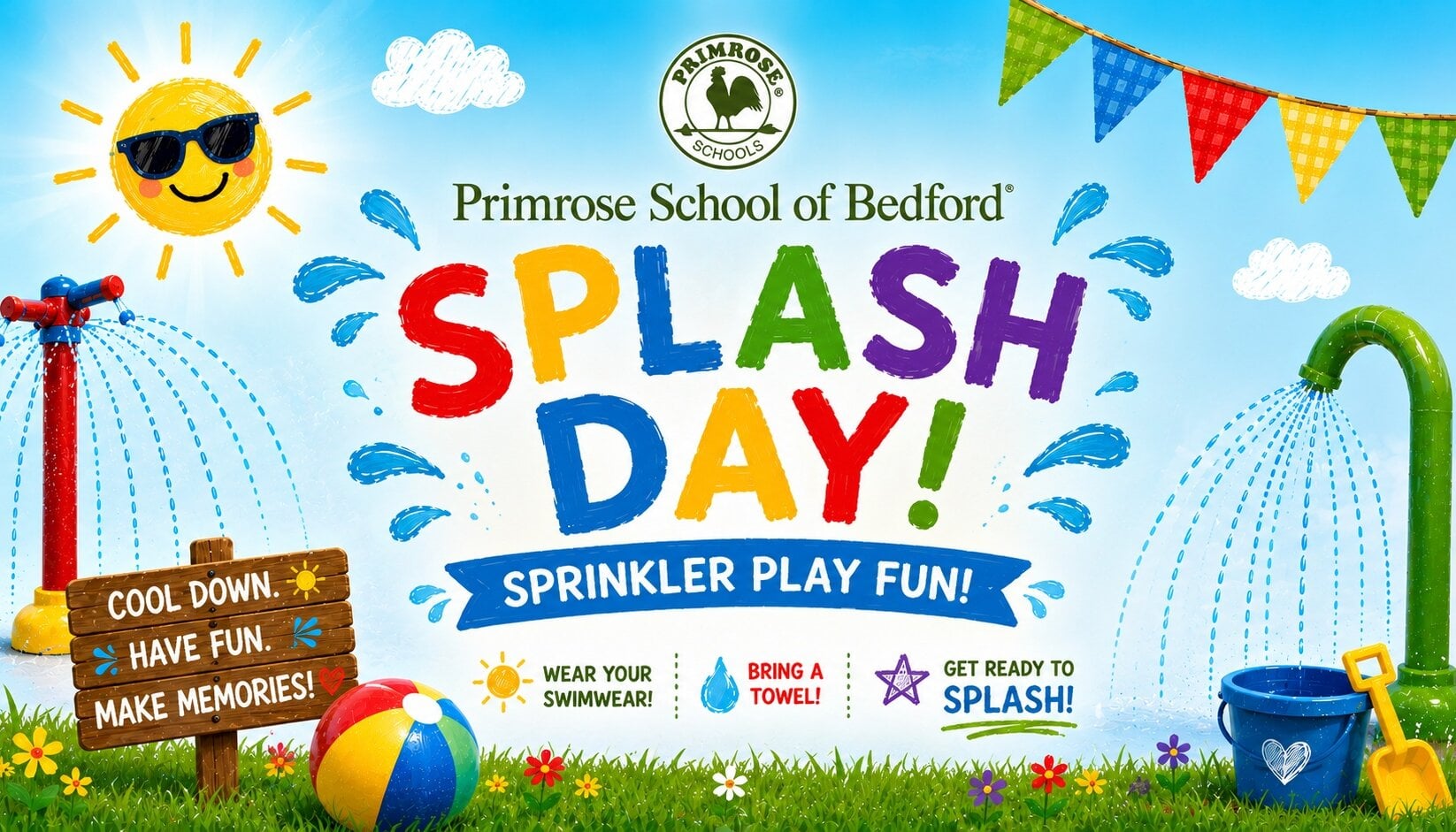 water sprinklers and beach ball and sunshine with words splash day!