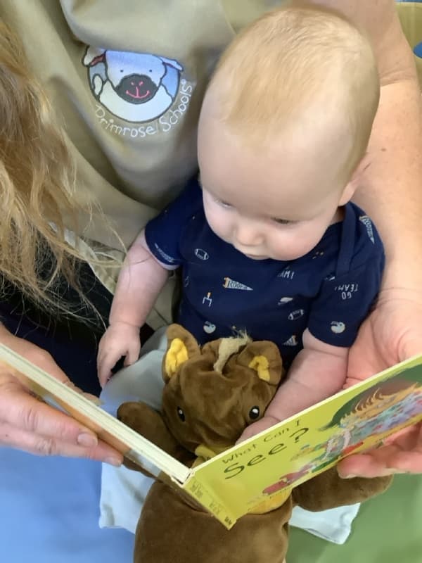 Infant sitting in a teachers lap with a book