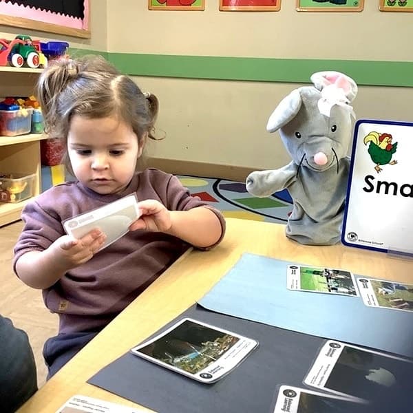 Preschool student using photo cards and a puppet during small group learning