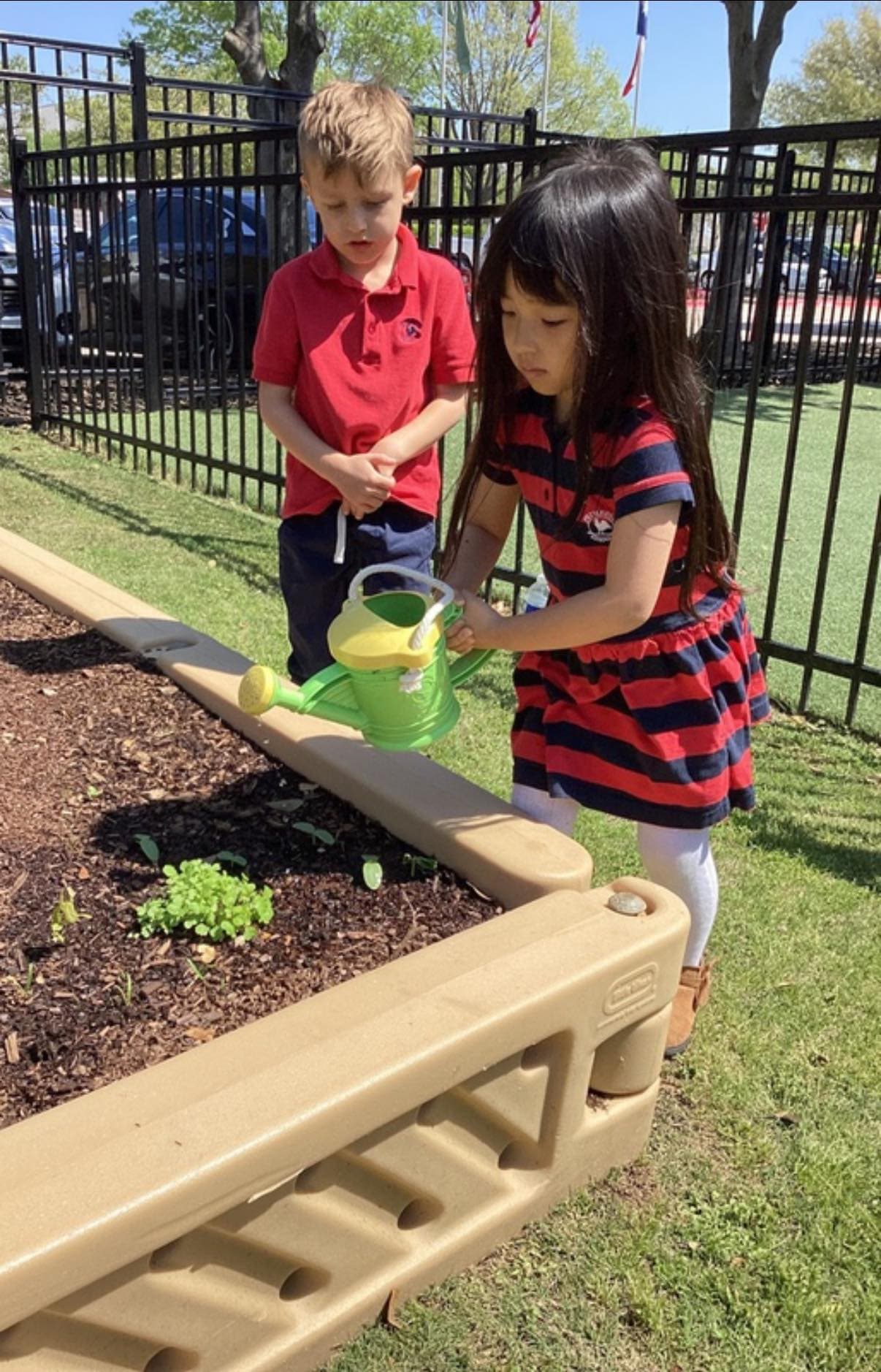 child watering plants