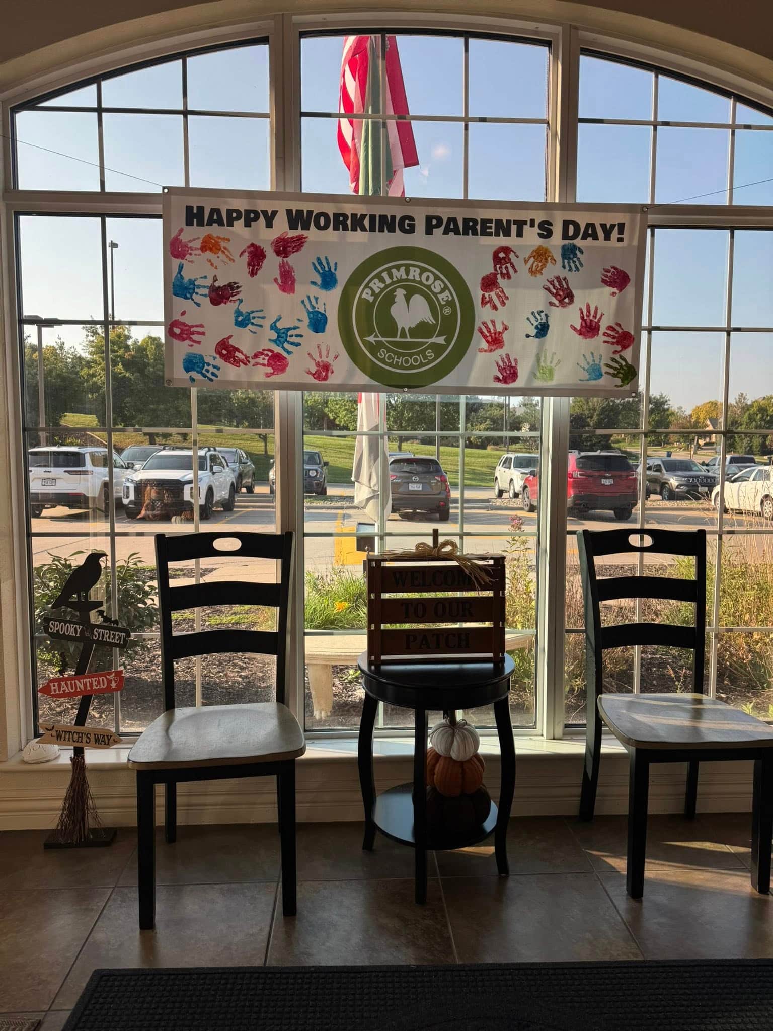 Our students made handprints on a banner for parents to see as they left for work in our vestibule.