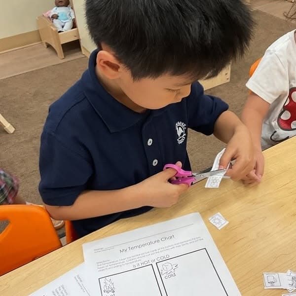Preschool student using scissors and sorting pictures on a temperature chart while learning about hot and cold concepts and strengthening fine motor skills.