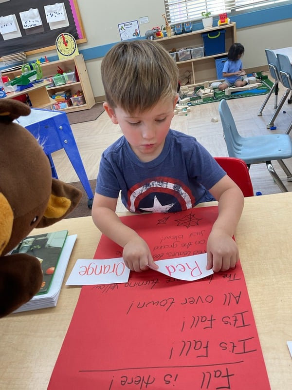 Preschool student practicing early literacy skills by matching and reading letter cards during a hands-on alphabet activity with a classroom character.