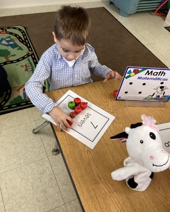 Child using toy apples to practice counting, number recognition, and early math skills in the classroom.