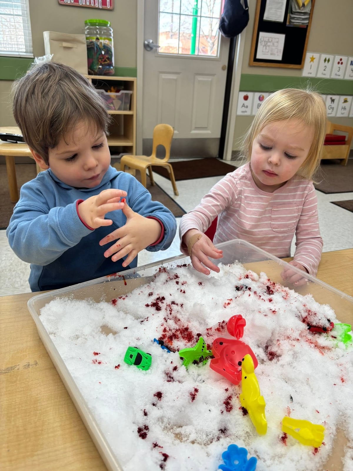 Toddlers exploring a snowy sensory bin with colorful scoops and toys during a hands-on activity that encourages sensory exploration, fine motor skills, and cooperative play at Primrose School.