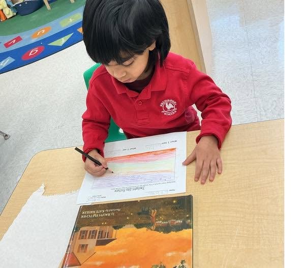 Preschool student drawing a colorful illustration inspired by a classroom story, building creativity, observation skills, and early literacy at Primrose School.