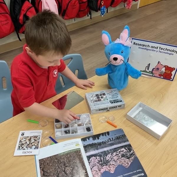 Young learner examining rocks and minerals during a hands-on science investigation that encourages observation, classification, and discovery.