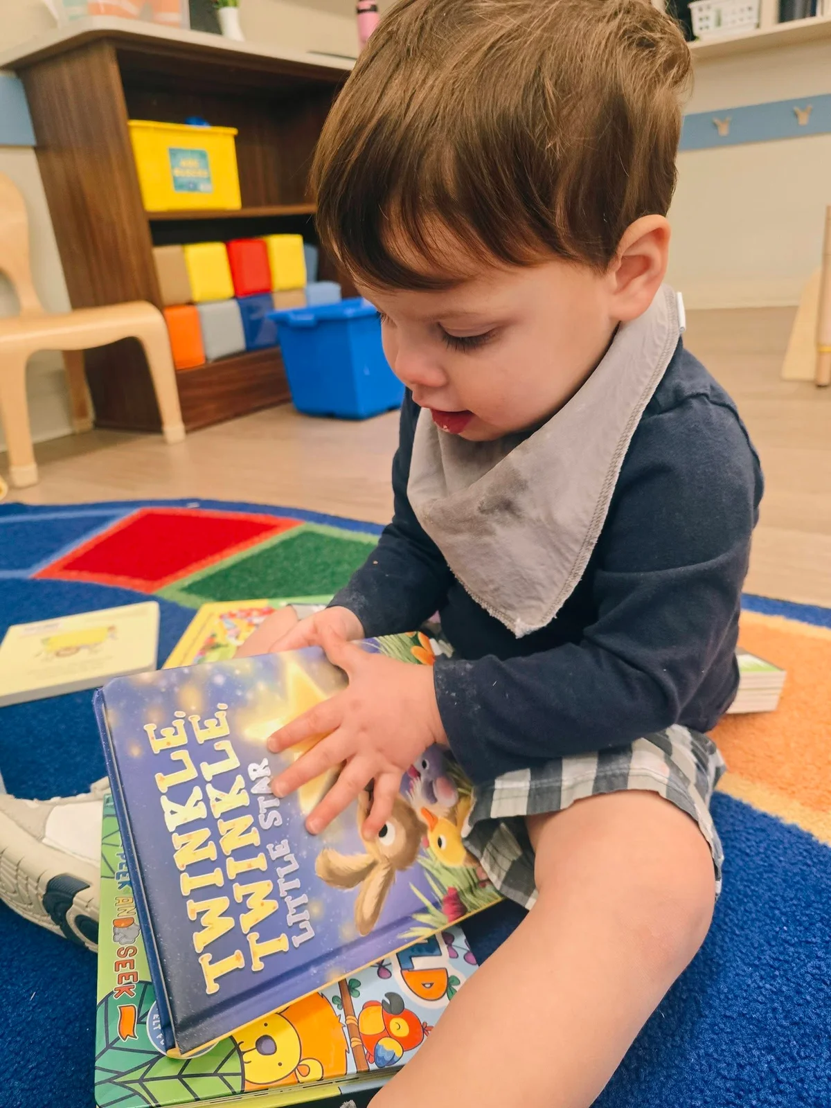 Toddler boy sitting on the floor reading a children's book in a daycare classroom at Primrose School at Heritage.