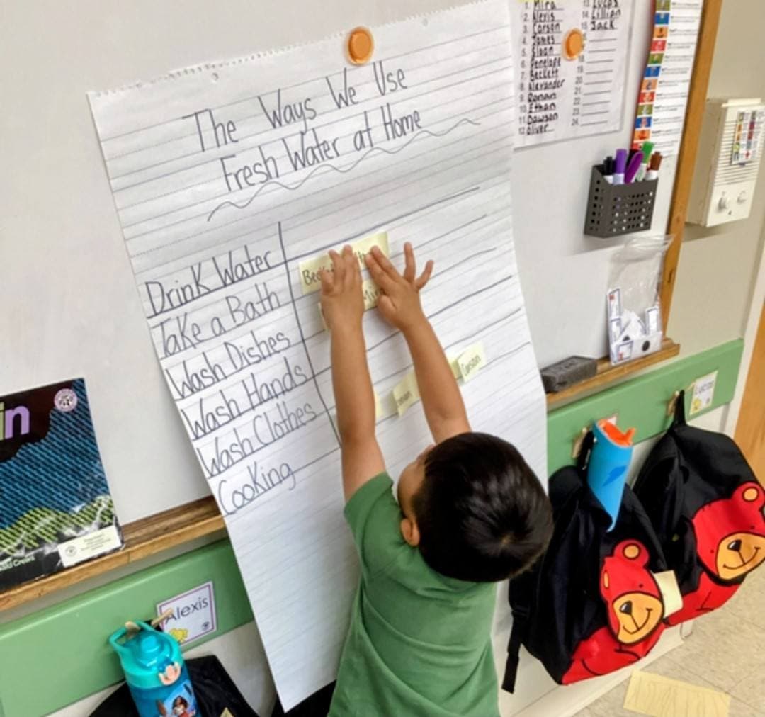 Student contributing ideas to a classroom chart about the ways people use fresh water at home during a science and environmental learning lesson.