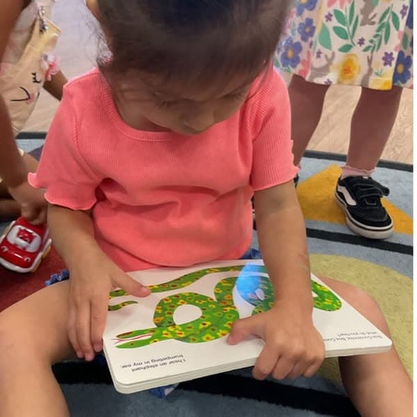 Young child independently exploring a picture book during classroom story time, building literacy skills, vocabulary, and a lifelong love of reading.