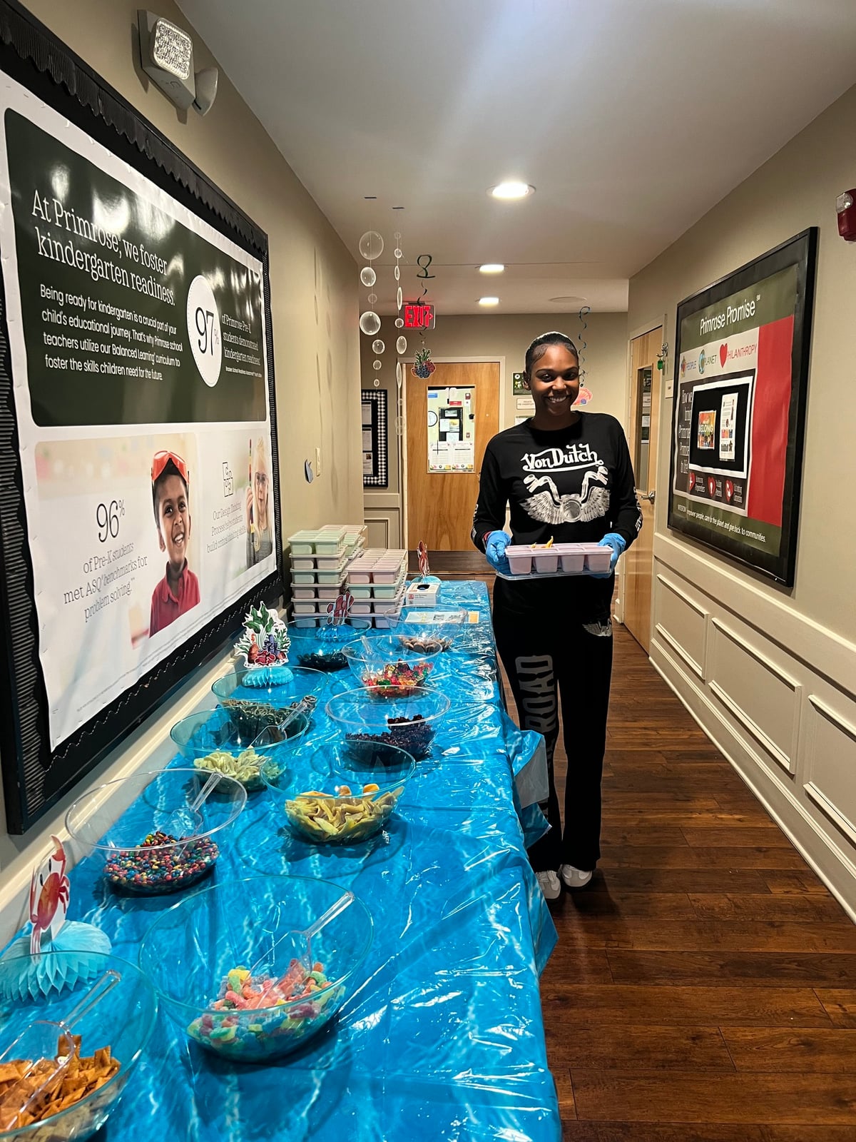 Primrose teachers enjoying snacks and treats during Teacher Appreciation Week celebration at school
