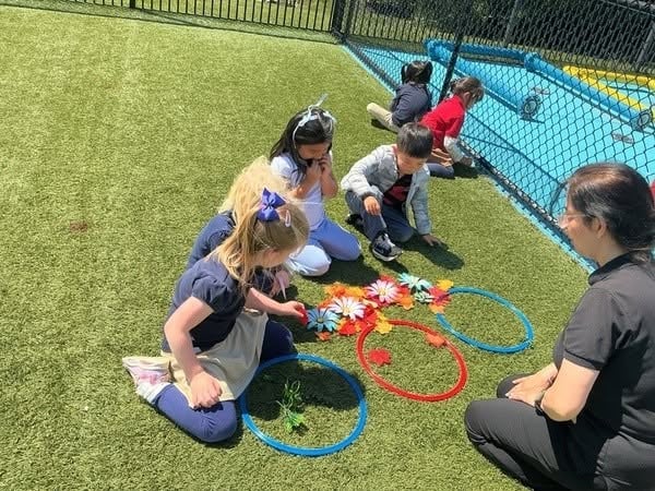 Preschool children sorting flowers and plants into hoops during an outdoor nature exploration that encourages observation, classification, teamwork, and early science skills at Primrose School.