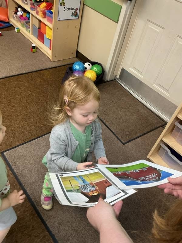 Toddler participating in a picture card activity to build vocabulary, communication, and early language skills during classroom learning at Primrose School.