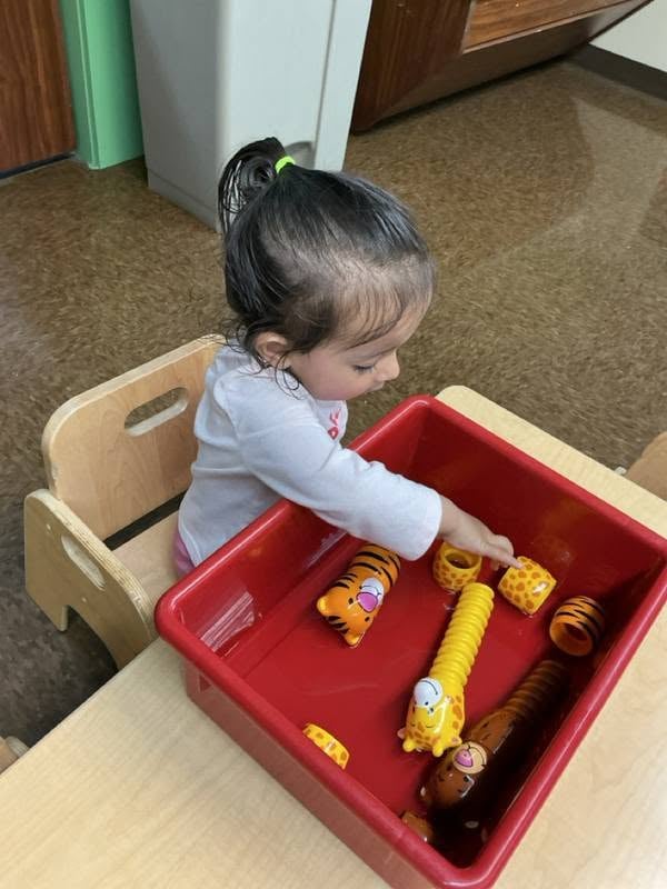 Toddler manipulating colorful animal-themed learning pieces to strengthen hand-eye coordination, problem-solving, and fine motor skills at Primrose School.