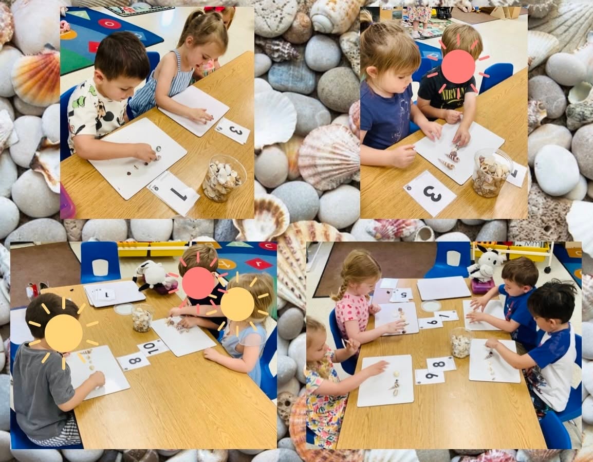 Preschool students using seashells to solve subtraction problems during a hands-on math activity