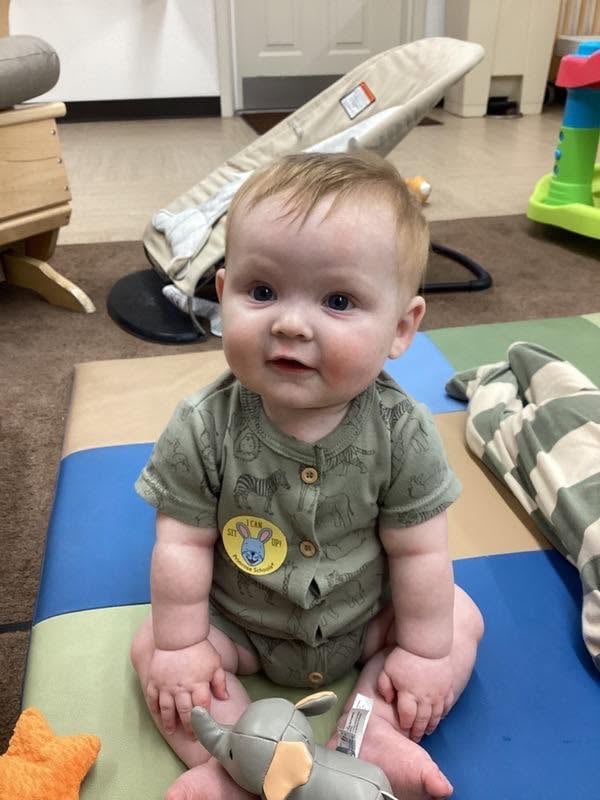 Infant sitting independently while exploring an elephant toy and practicing balance and fine motor skills in the Primrose infant classroom.