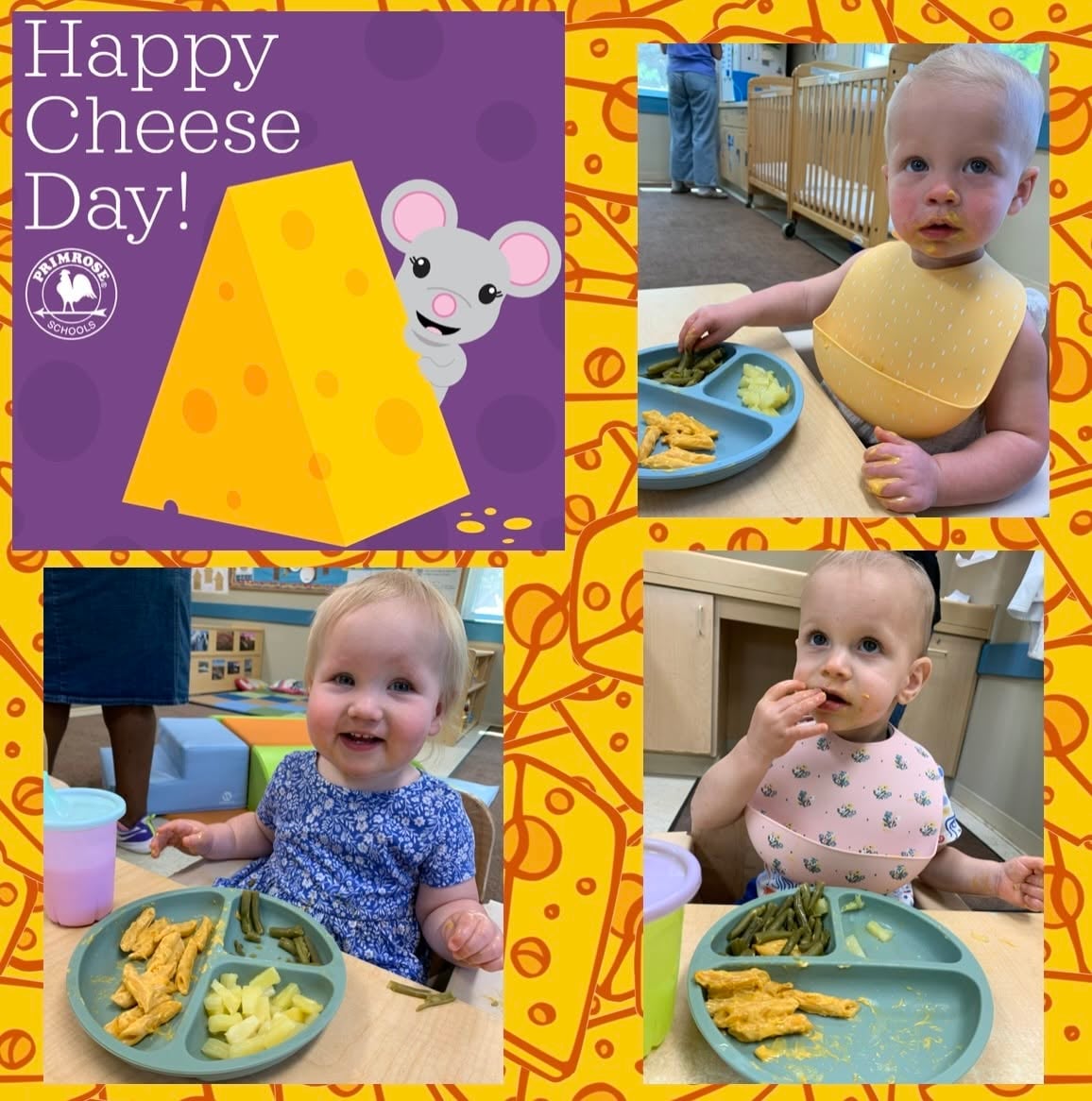 Preschool children smiling and enjoying mac and cheese during a National Cheese Day celebration