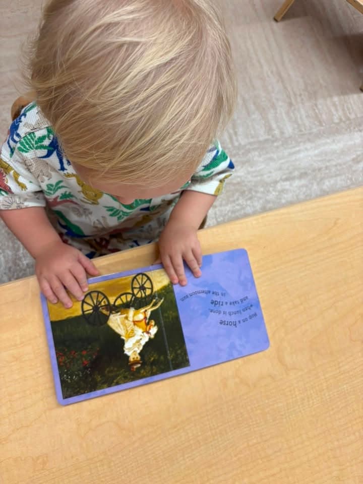 Toddler looking through a board book during independent reading time to build early literacy skills and a love of books at Primrose School.