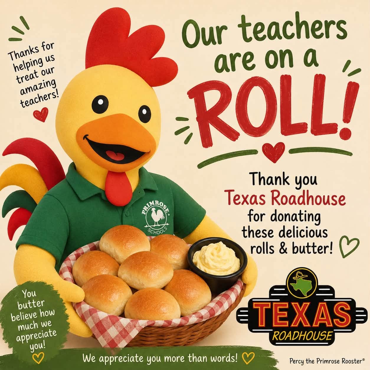 #BestPreschoolNearMe #HarvestGreen #TeacherGifts #TeacherAppreciationDay #BalancedLearning #richmond #PrimroseTeachers #texasroadhousebutter #earlylearning #yum