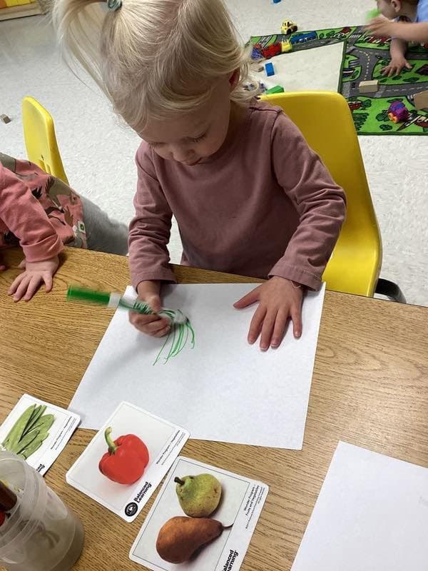 A little girl coloring fruits and vegetables while looking at picture cards during Wonder Time.