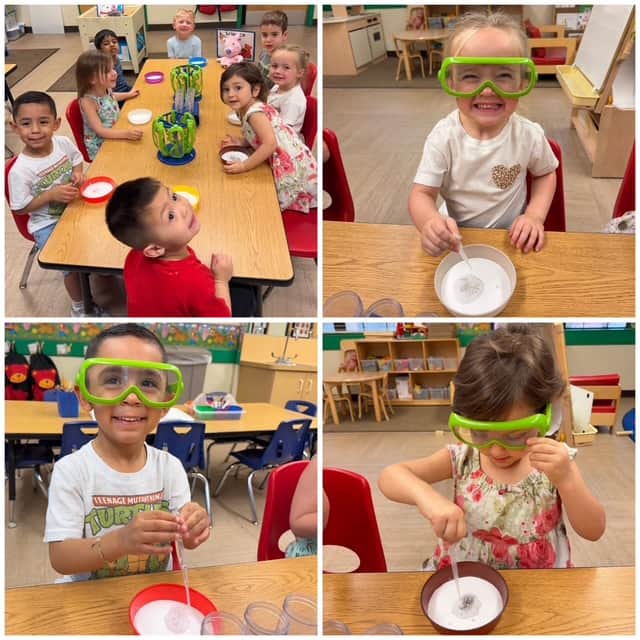 children excited adding drops of vinegar to baking soda for a fun science experiment