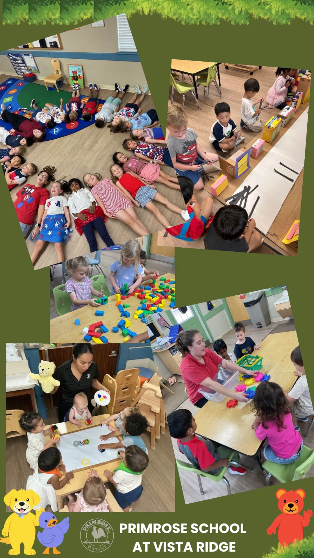 Students participating in circle time, STEM activities, sensory play, and collaborative classroom learning at Primrose School at Vista Ridge.