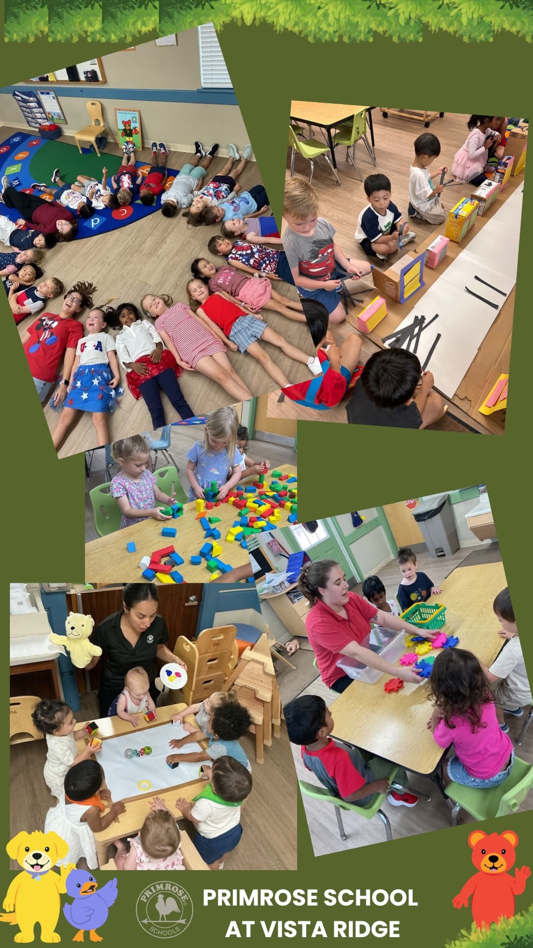 Students participating in circle time, STEM activities, sensory play, and collaborative classroom learning at Primrose School at Vista Ridge.