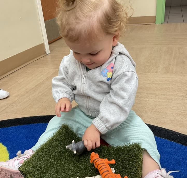 Toddler exploring animal figurines on a sensory mat while learning about nature and wildlife through hands-on play.
