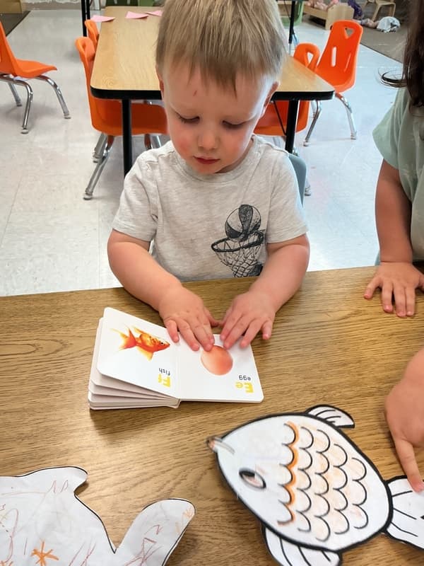 Child pointing at book with animals