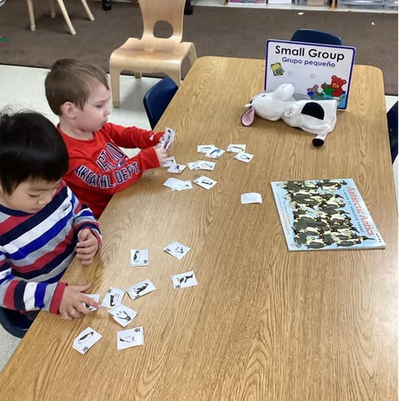 Children practicing matching and problem-solving skills with picture cards during a small-group learning activity at Primrose School at Highlands Ranch Business Park.