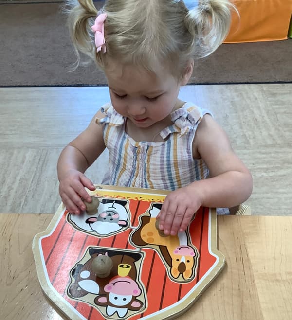 Toddler at Primrose School at Alliance in Fort Worth, Texas working on a farm animal puzzle to build fine motor skills and problem-solving abilities.