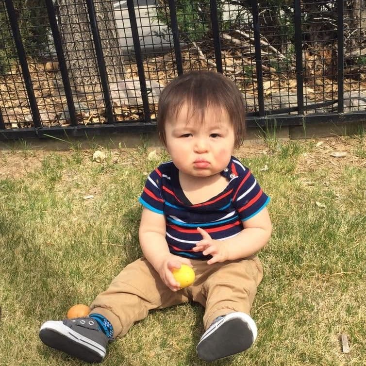 Infant sitting on grass holding a yellow ball during outdoor play at Primrose School at Highlands Ranch Business Park in Highlands Ranch, CO.