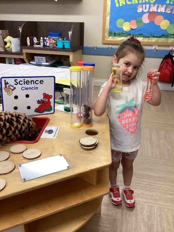 child explorers pine cones and wood pieces at the science center