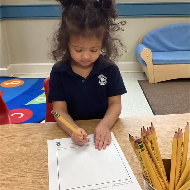Young Pre-Kindergarten student practicing pencil control and early handwriting during an independent learning activity at Primrose School at Highlands Ranch Business Park.
