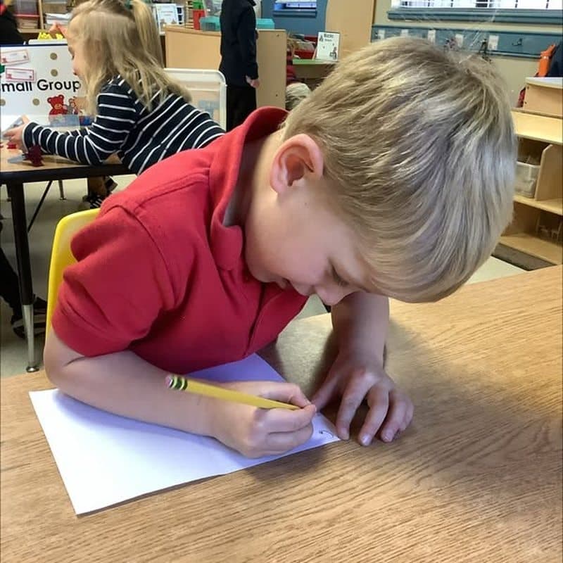 Young child developing early writing and fine motor skills during a Pre-Kindergarten classroom activity at Primrose School at Highlands Ranch Business Park.