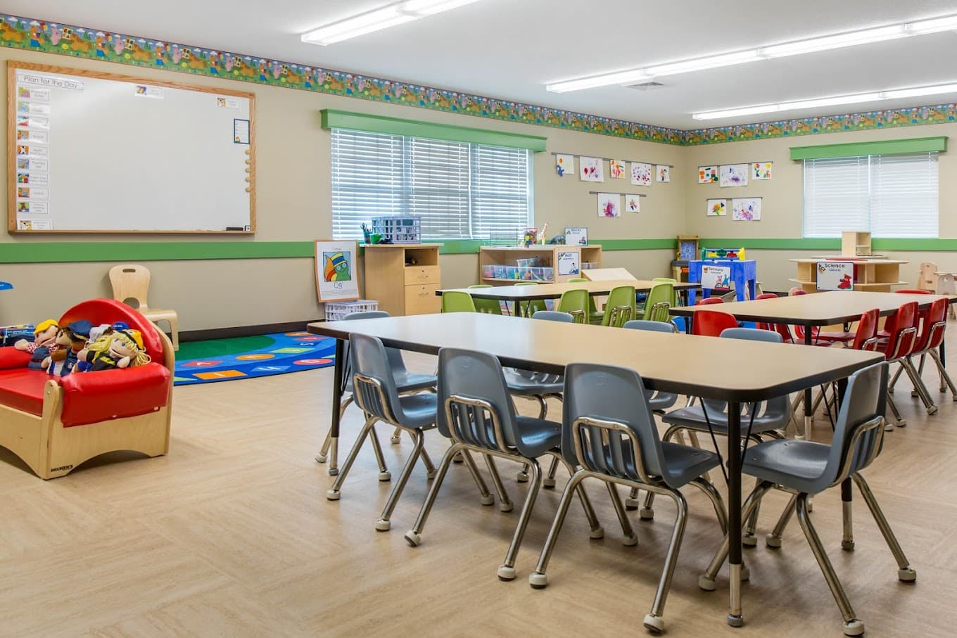 classroom with tables and chairs