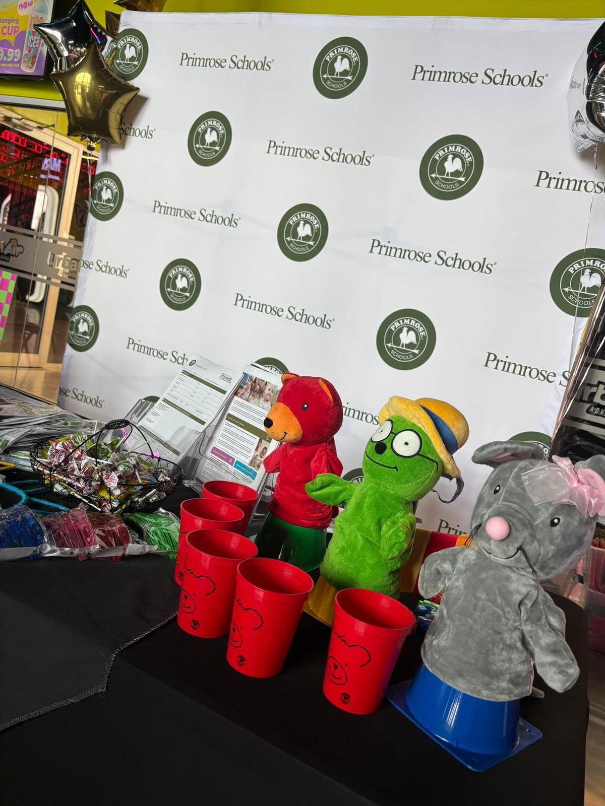 red bear green bookworm and grey mouse puppets in front of white and green primrose backdrop