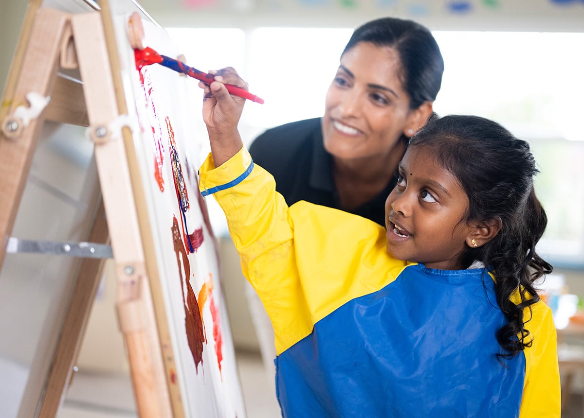 child and teacher painting in class